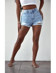 PRETTYLITTLETHING Shape Bleach Wash Distressed Hem Denim Shorts - 1