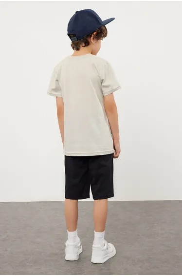 Navy Blue Boy's Dinosaur Patterned T-shirt Shorts Set Knitted Top-Bottom Set