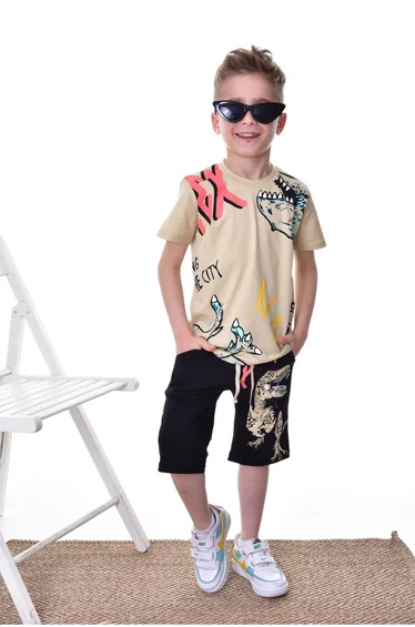 Navy Blue Boy's Dinosaur Patterned T-shirt Shorts Set Knitted Top-Bottom Set