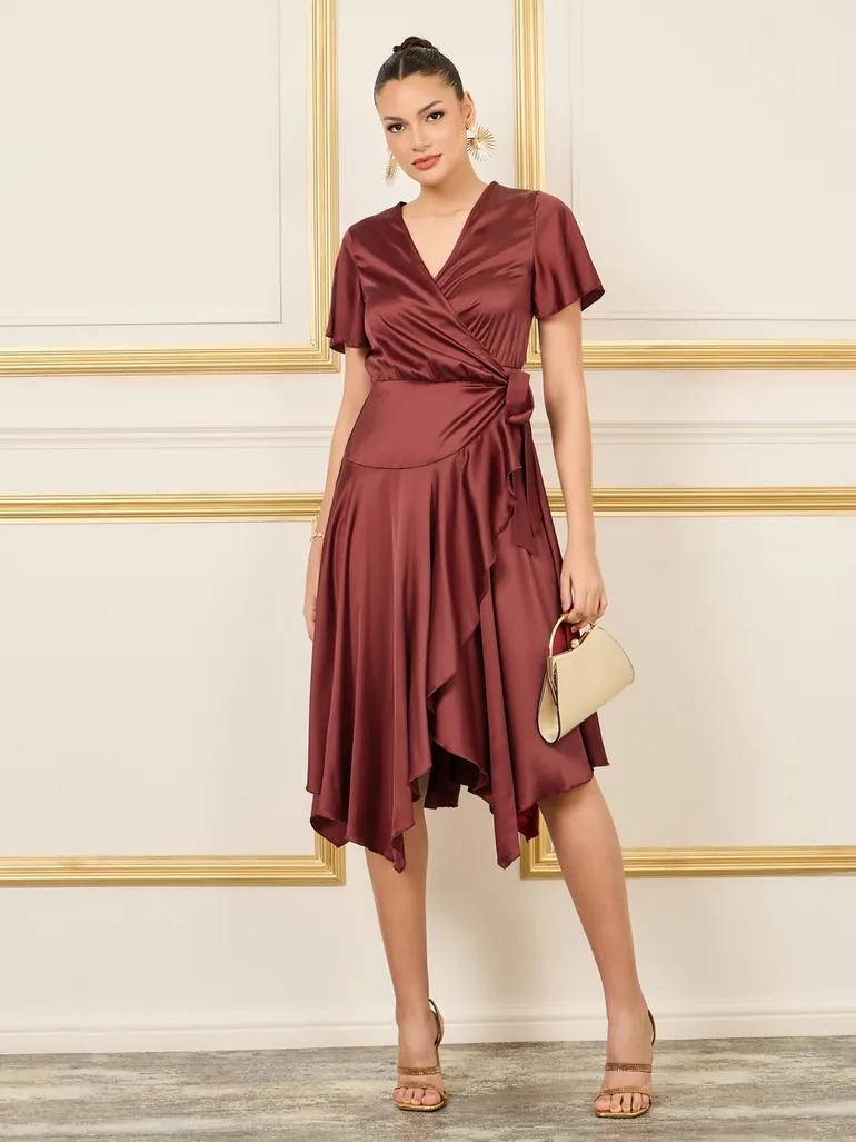 satin frill hem dress PrettyLittleThing Women's Polka Dot Satin Plunge Extreme Frill Hem Maxi Dress in Chocolate