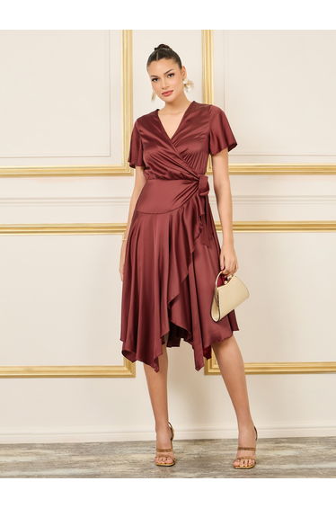 Satin Frill Asymmetric Hem Wrap Midi Dress