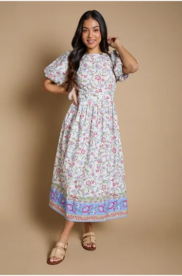 Petite Puff Sleeve Princess Seam Poplin Midi Dress