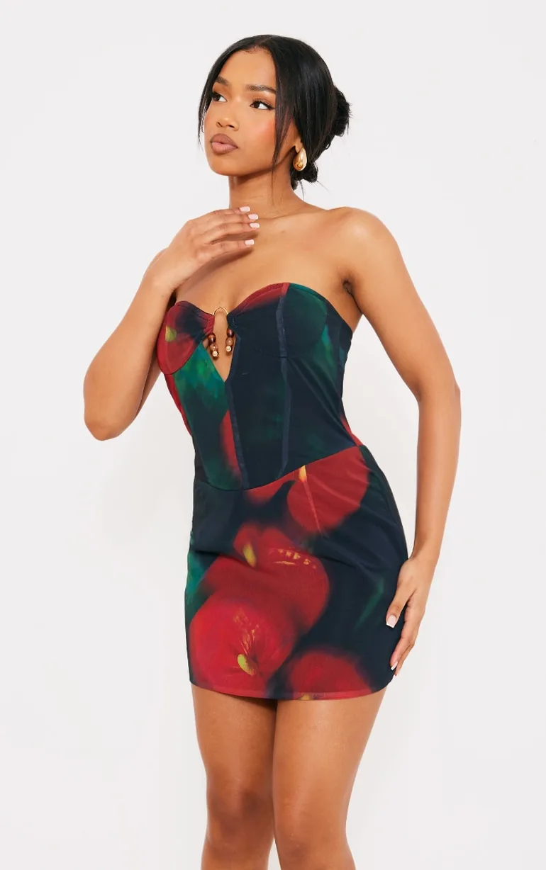Shop Multi Chiffon Printed Corset Bandeau Mini Dress Online in Qatar