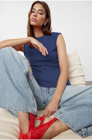 Indigo Viscous/Soft Fabric Fitted/Fits on Body Flexible Knitted Blouse