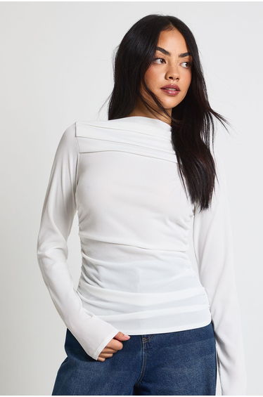 Ribbed Draped Front Long Sleeve Top - cream