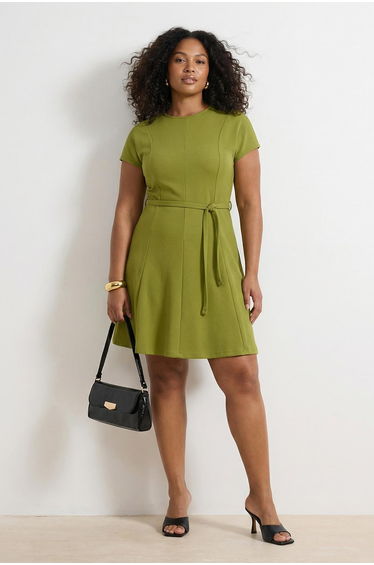 Oil Green Crew Neck Belted Skater Short/Mini Knitted Plus Size Dress