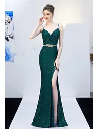 Split Side Sequined Wrap Cami Gown in Emerald - 2