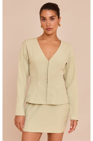 Petite Soft Olive Collarless Hook And Eye Cinched Waist Long Top
