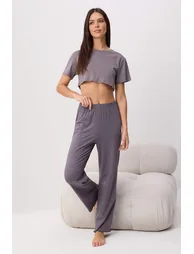 Anthracite-Pink 2-Piece Floral Cotton Lycra Knitted Pajama Bottom - 4