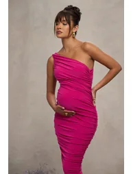 Late Night | Hot Pink Maternity Ruched One Shoulder Midi Dress - 1