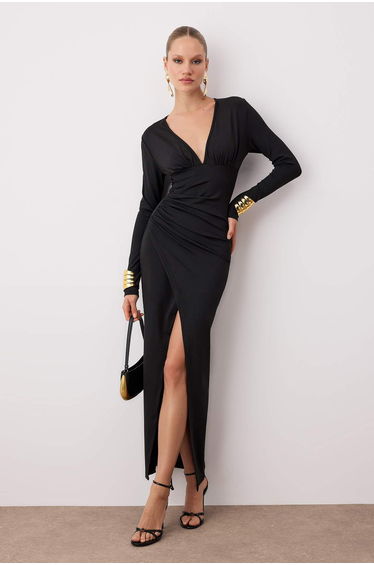 Black Fitted Knitted Elegant Maxi Evening Night Graduation Dress