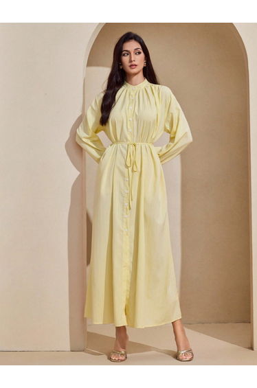 Women Yellow Drawstring Waist Maxi Dress