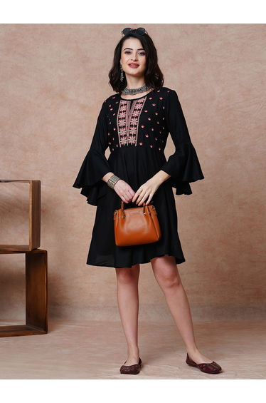Black Embroidered Yoke Bell Sleeves Mini Dress