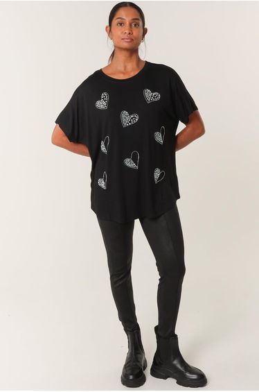 Round Neck Diamante Heart Detailing T-Shirt