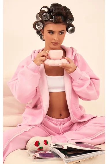 Light Pink Oversized Zip Through Seam Detail Hoodie