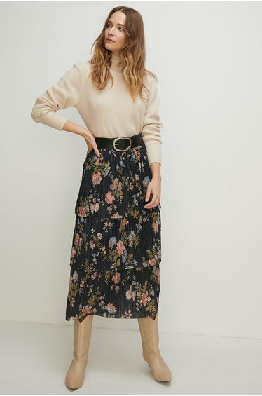 Floral Metallic Plisse Tired Midi Skirt