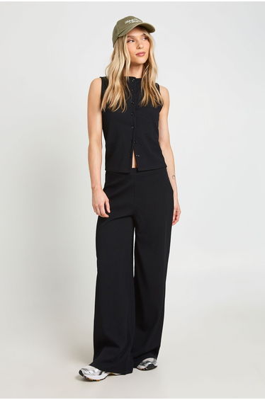 Petite Crinkle Rib Button Through Sleeveless Top and Trouser Set - black