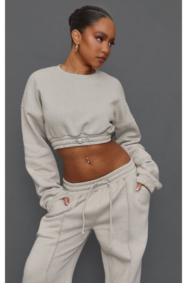 Petite Moss Grey Crop Elasticated Sweat Top