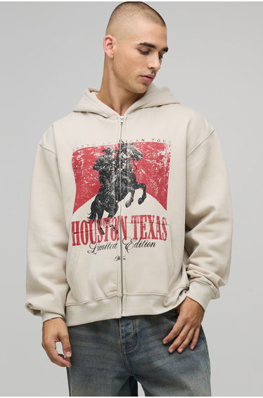 Stone Oversized Boxy Houston Texas Print Zip Through Hoodie - stone