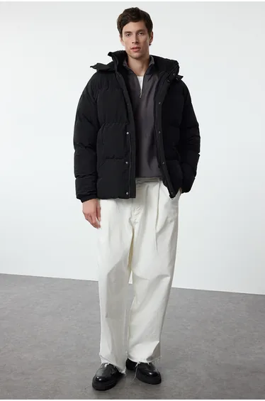 Men's Black Oversize Fit Hooded Taslan Winter Coat
