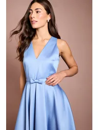 Bow Trim V Neck Volume Skirt Midi Dress - 1