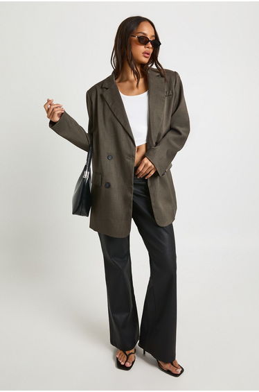 Faux Leather V Waistband Flare Trouser - black