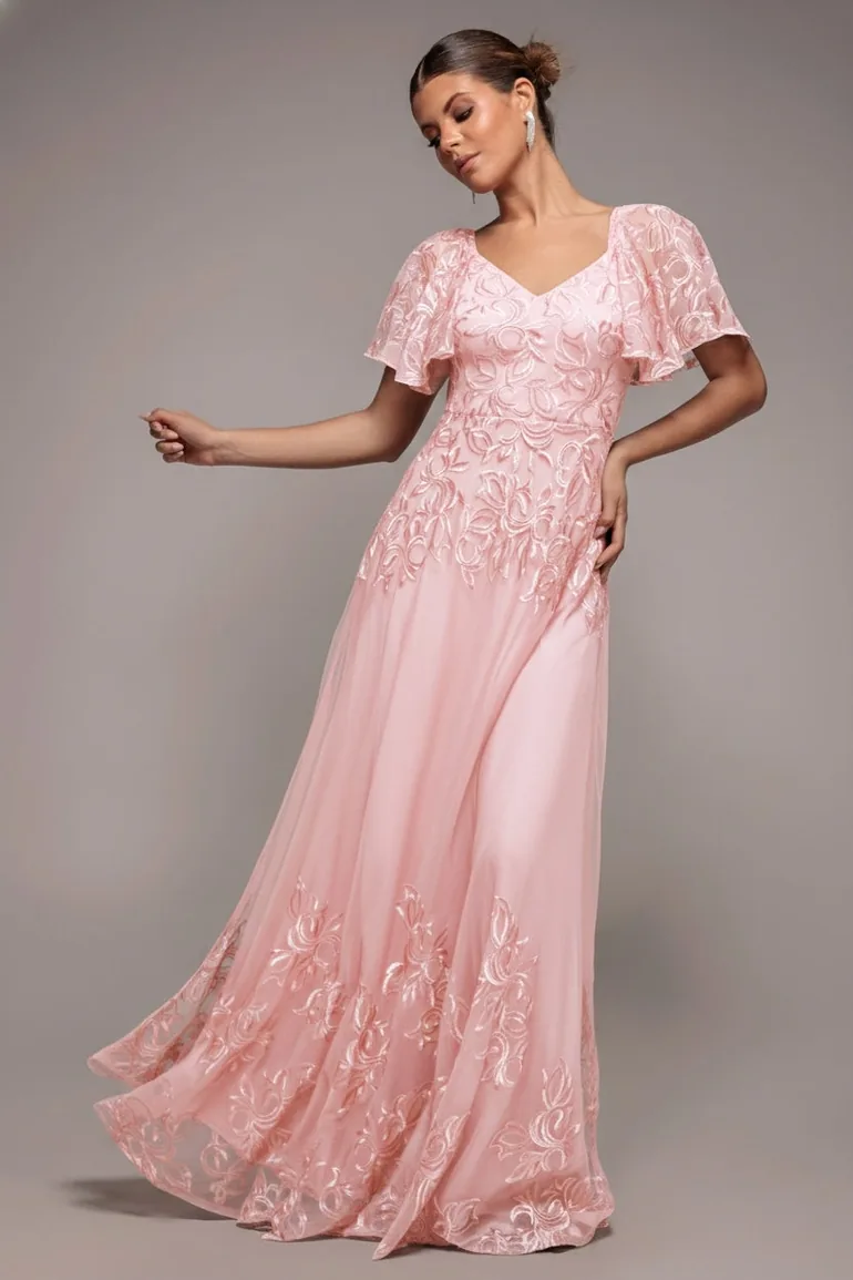 Goddiva Lace Flutter Sleeve Embroidered Mesh A-Line Maxi Dress Goddiva Pink : Premium Dresses : VogaCloset Bahrain Goddiva Lace Flutter Sleeve Embroidered Mesh A-Line Maxi Dress Goddiva Pink : Premium Dresses : VogaCloset Bahrain