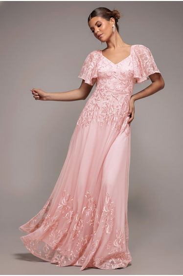 Goddiva Lace Flutter Sleeve Embroidered Mesh A-Line Maxi Dress