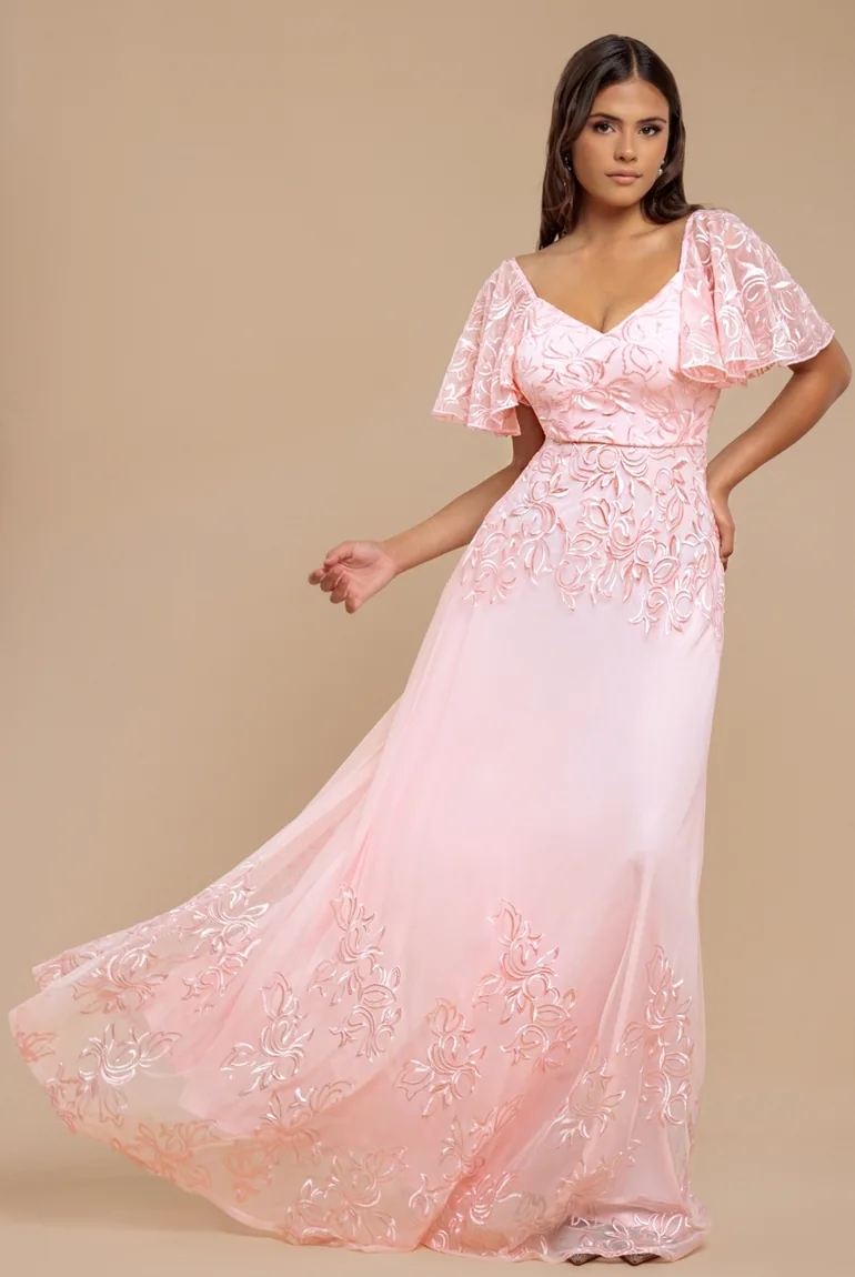 Goddiva Lace Flutter Sleeve Embroidered Mesh A-Line Maxi Dress Goddiva Pink  : Premium Dresses : VogaCloset Bahrain