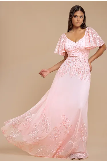 Goddiva Lace Flutter Sleeve Embroidered Mesh A-Line Maxi Dress