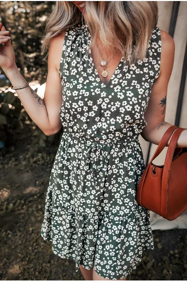 Lvness Green Boho Floral Print V Neck Tunic Sleeveless Dress
