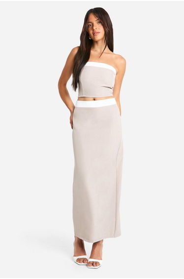 Textured Linen Look Contrast Column Maxi Skirt - taupe