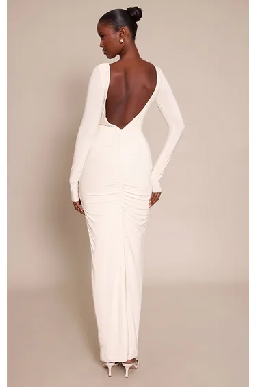 Cream Slinky Ruched Low Back Maxi Dress