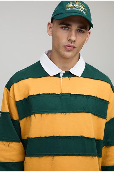 Oversized Boxy Distressed Long Sleeve Rugby Polo - green