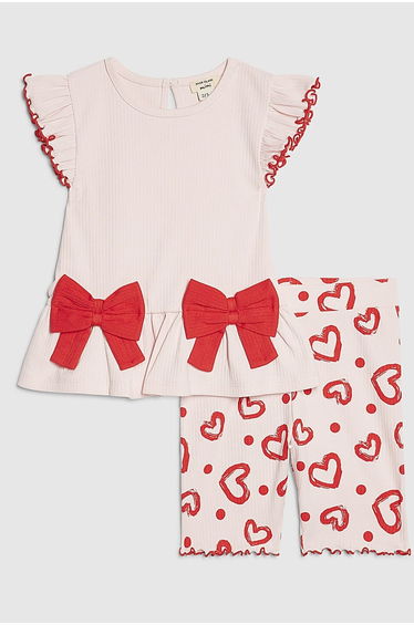 Mini Girls Pink Peplum Rib Heart Shorts Set