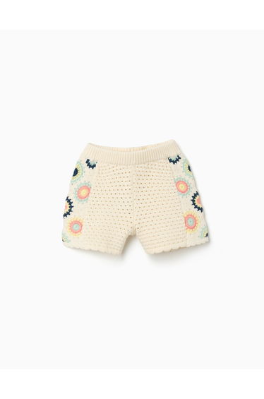 Cotton Knit Shorts With Crochet Flowers For Girls, Light Beige