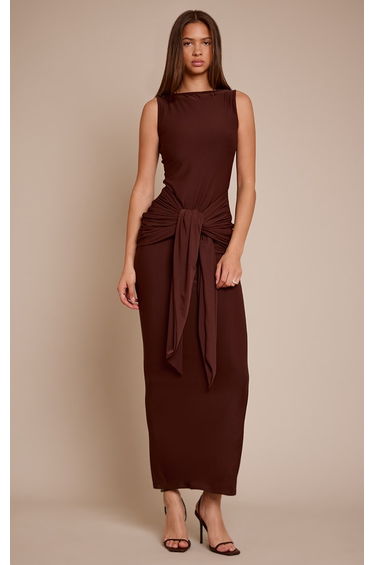 Chocolate Jersey Boat Neck Wrap Detail Maxi Dress