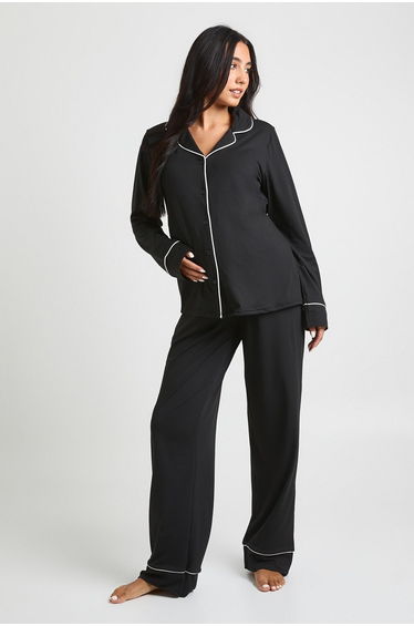 Maternity Piping Detail Long Sleeve Shirt & Trouser Pyjama Set - black