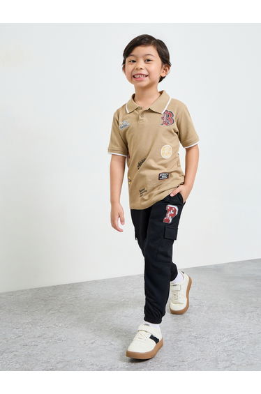 Boys Beige Cotton Printed Polo T-Shirt and Black Joggers Set