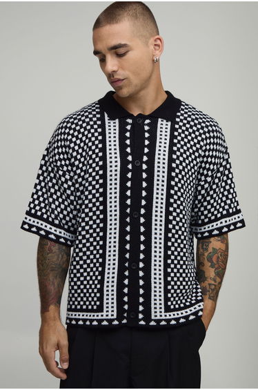 Boxy Check Border Short Sleeve Knitted Shirt - black