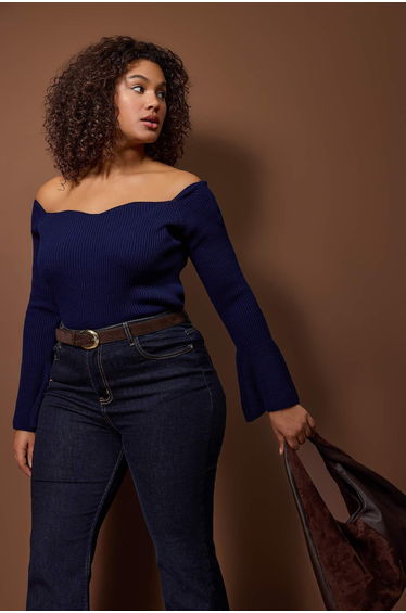 Navy blue ribbed carmen collar knitwear sweater