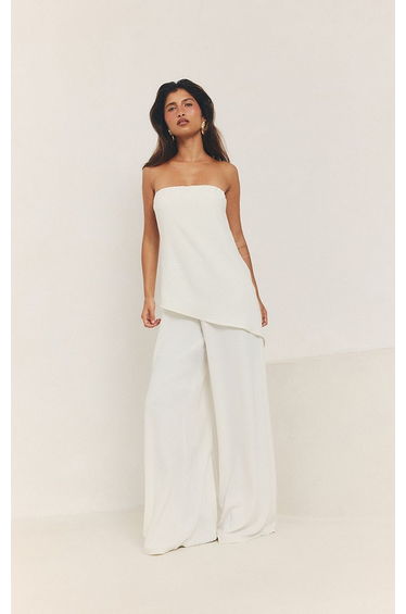 Cream Textured Woven Bandeau Overlay Wide Leg Jumpsuit