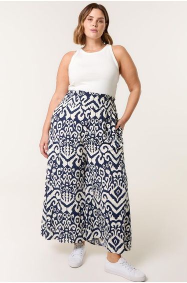 Curve Abstract Printed Shirred Waist Wide Leg Trouser