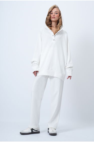 Women's White Hooded Snap-On Oversize Sweatshirt and Trousers Set