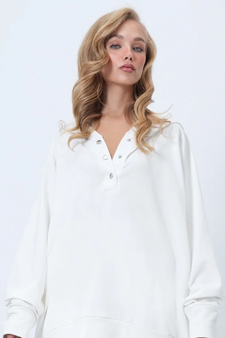 Women's White Hooded Snap-On Oversize Sweatshirt and Trousers Set - 1