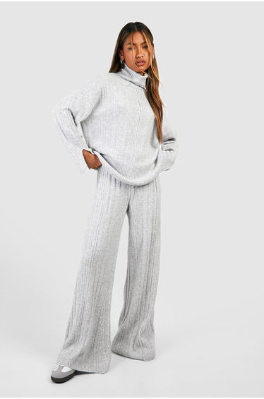 Soft Mixed Rib Knit Wide Leg Trousers - silver