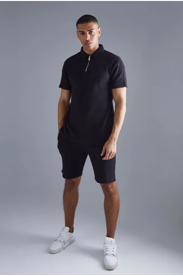 Slim Fit Waffle Zip Neck Polo & Shorts Set - black