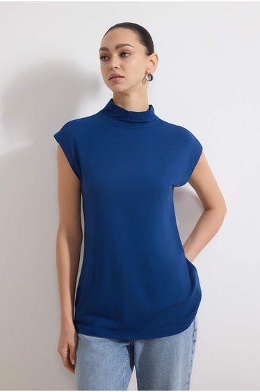 Navy Blue-Beige 2-Pack Stand Collar Sleeveless Undershirt Knitted Tunic