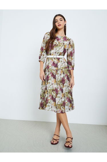 Women Floral Print A-Line Midi Dress with 3/4 Sleeves