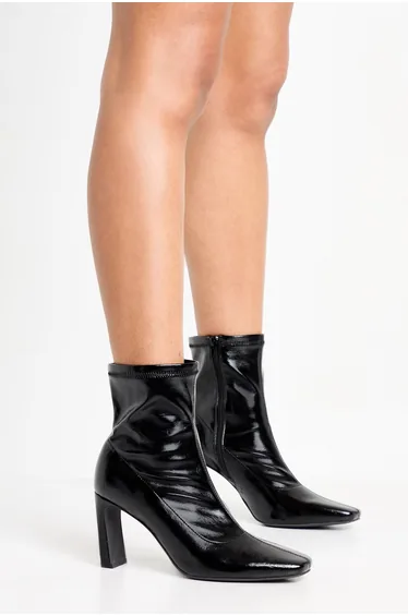 Wide Fit Block Heel Crinkle Patent Sock Boots - black